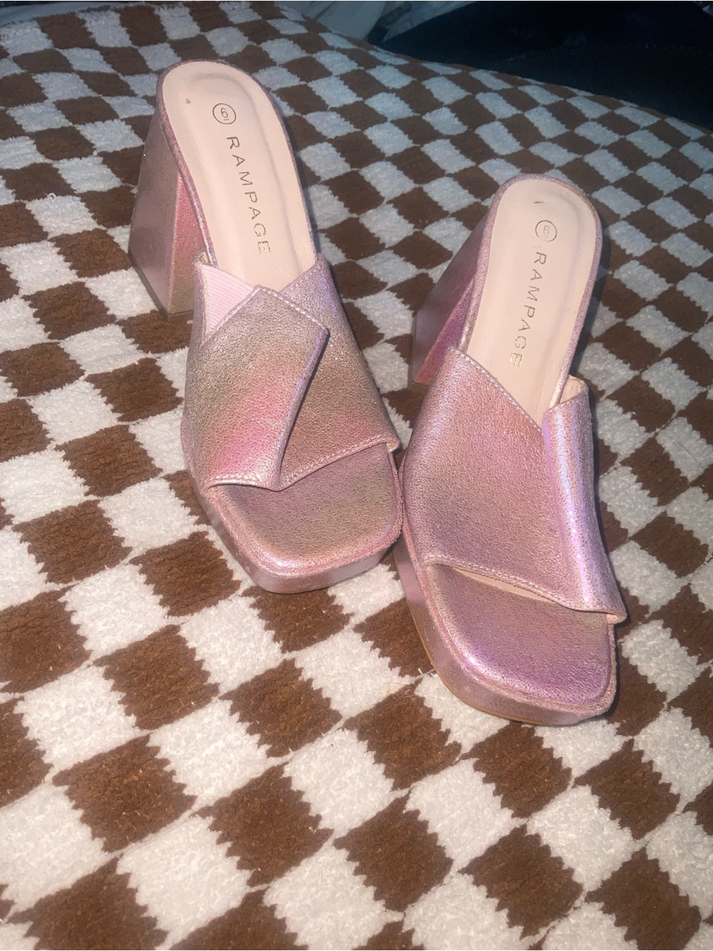 Rampage Pink Iridescent Open-Toe Block Heel Mules